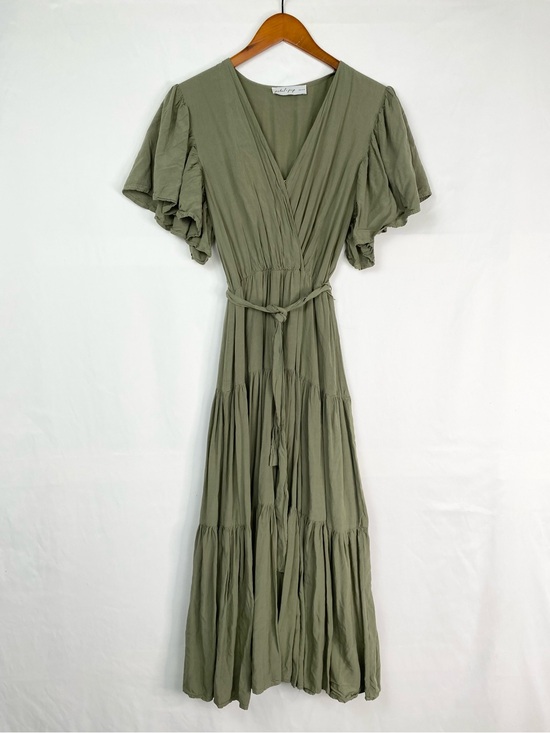 Petal & Pup Dresses & Skirts - Petal & Pup Barker Dress in Olive V Neck Midi Ruffle Sleeve Tiered